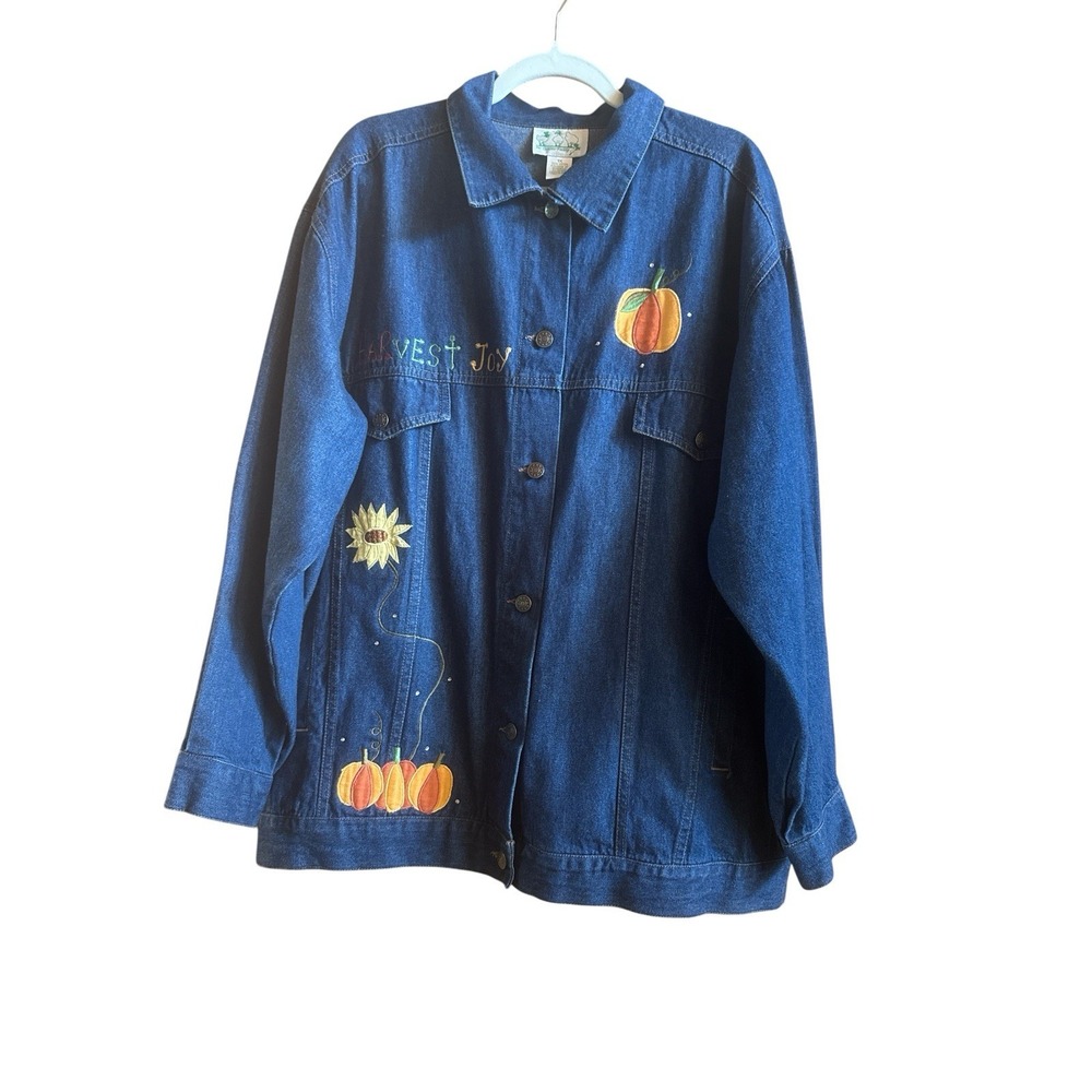 Quacker Factory Autumn Theme Size 1X  Women's Denim Barn Jacket Scarecrow